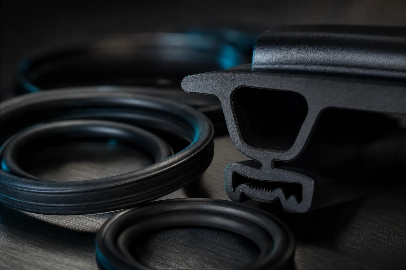 Makroaufnahme: schwarzes Dichtungsprofil im Querschnitt und O-Ringe auf gebürstetem Metall